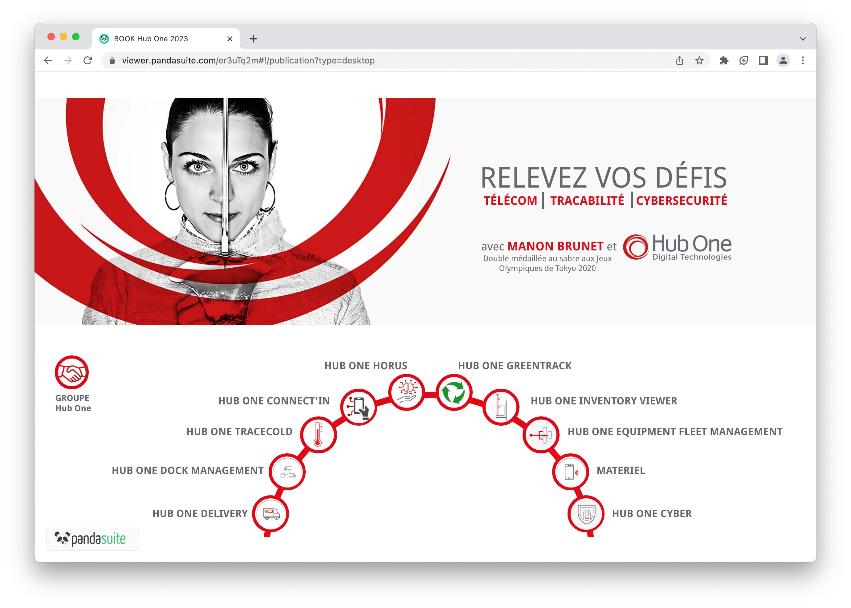 Hub One's interactive presentation organizes their full product portfolio in a navigable wheel format, letting reps jump directly to what's relevant.