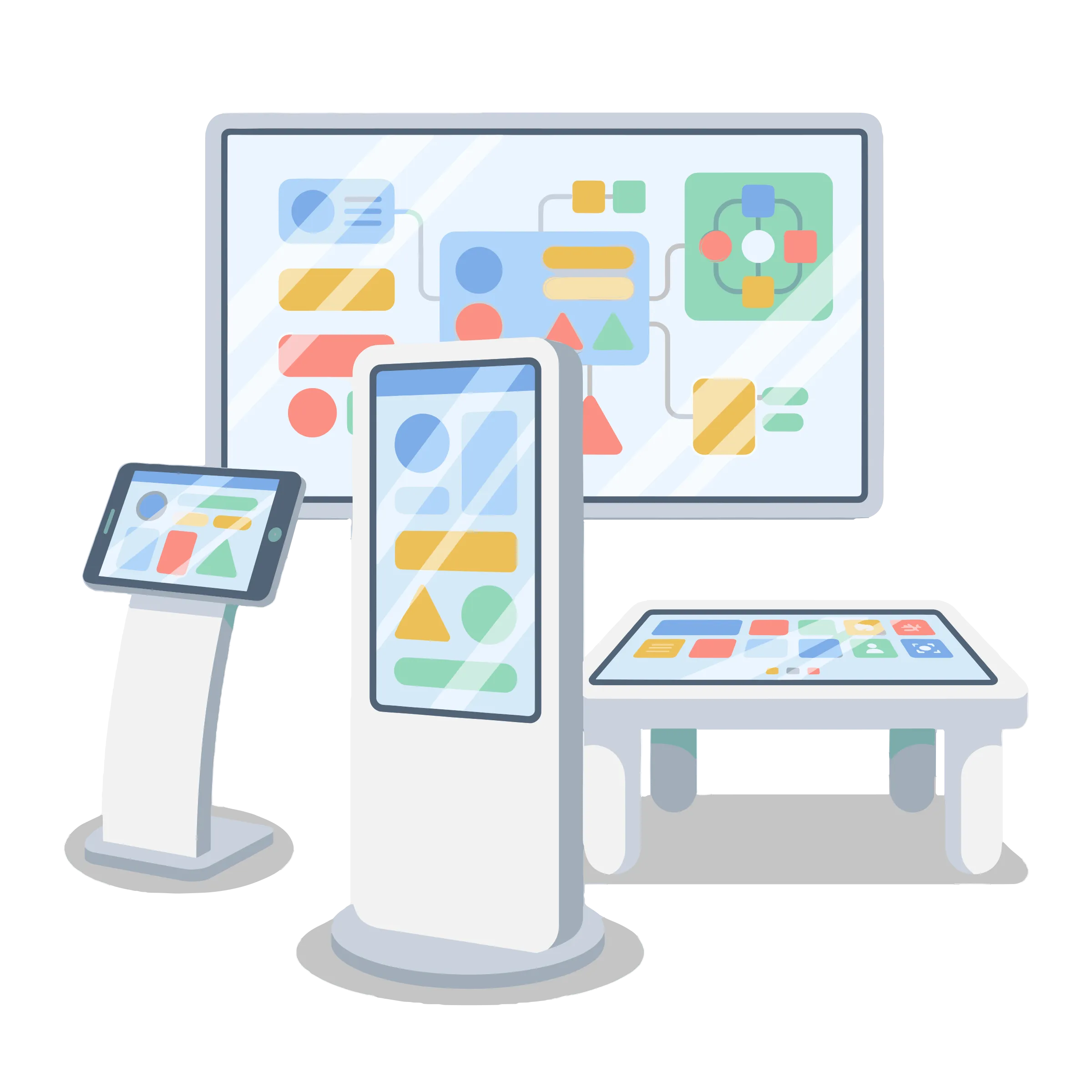 Various kiosk hardware: tablet stand, totem, multitouch table, giant screen
