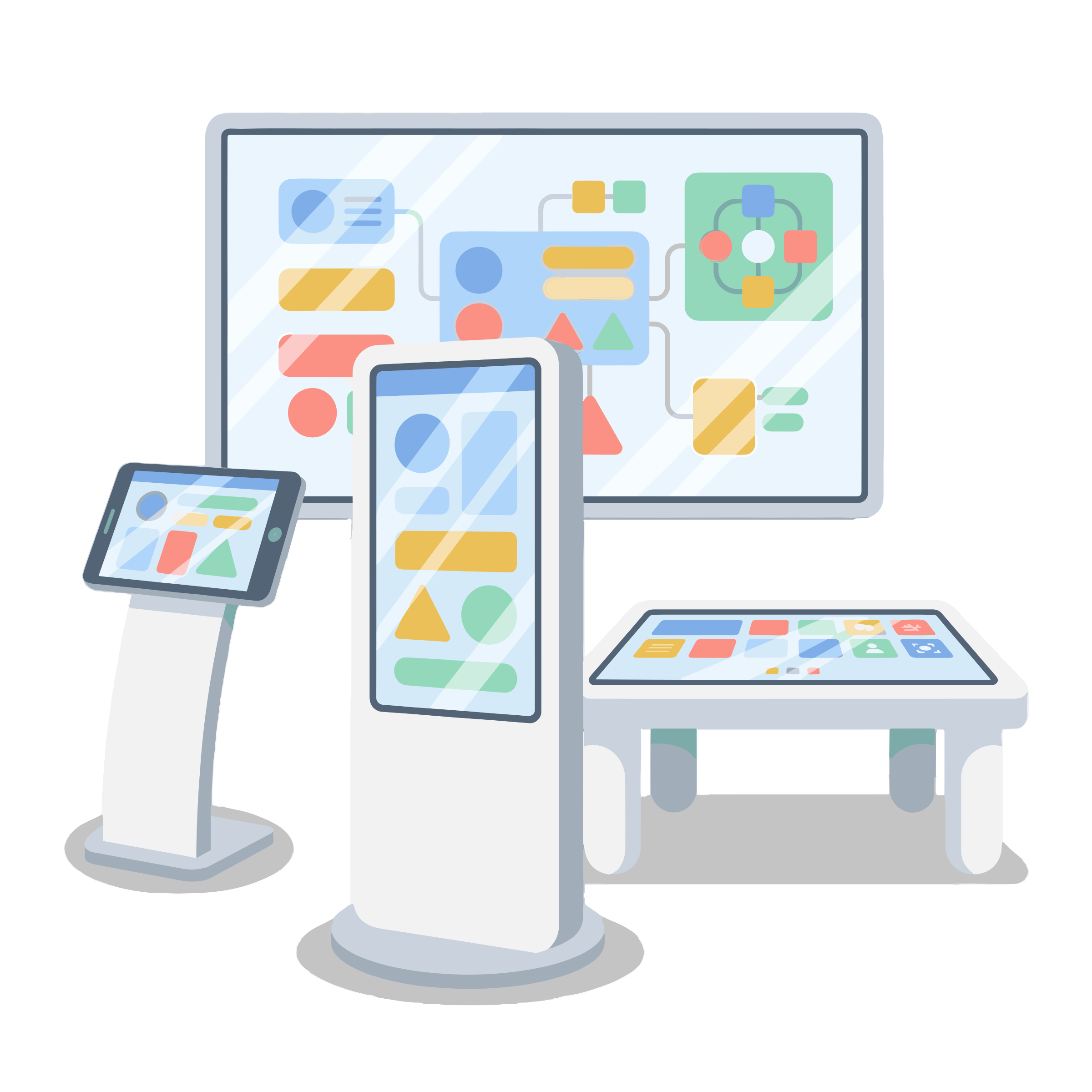 Various kiosk hardware: tablet stand, totem, multitouch table, giant screen