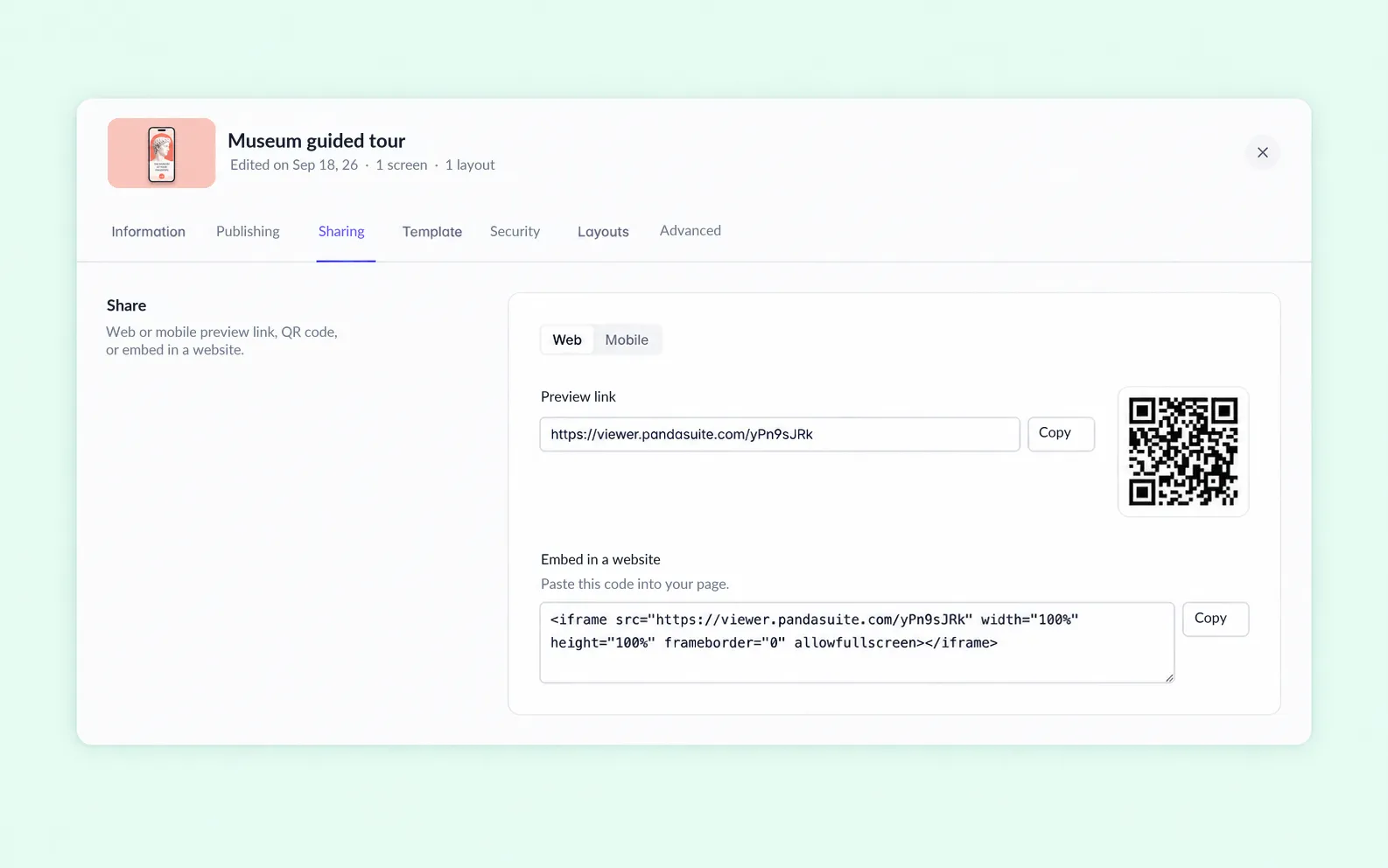The Sharing tab of a project's settings: preview link, QR code, and embed code