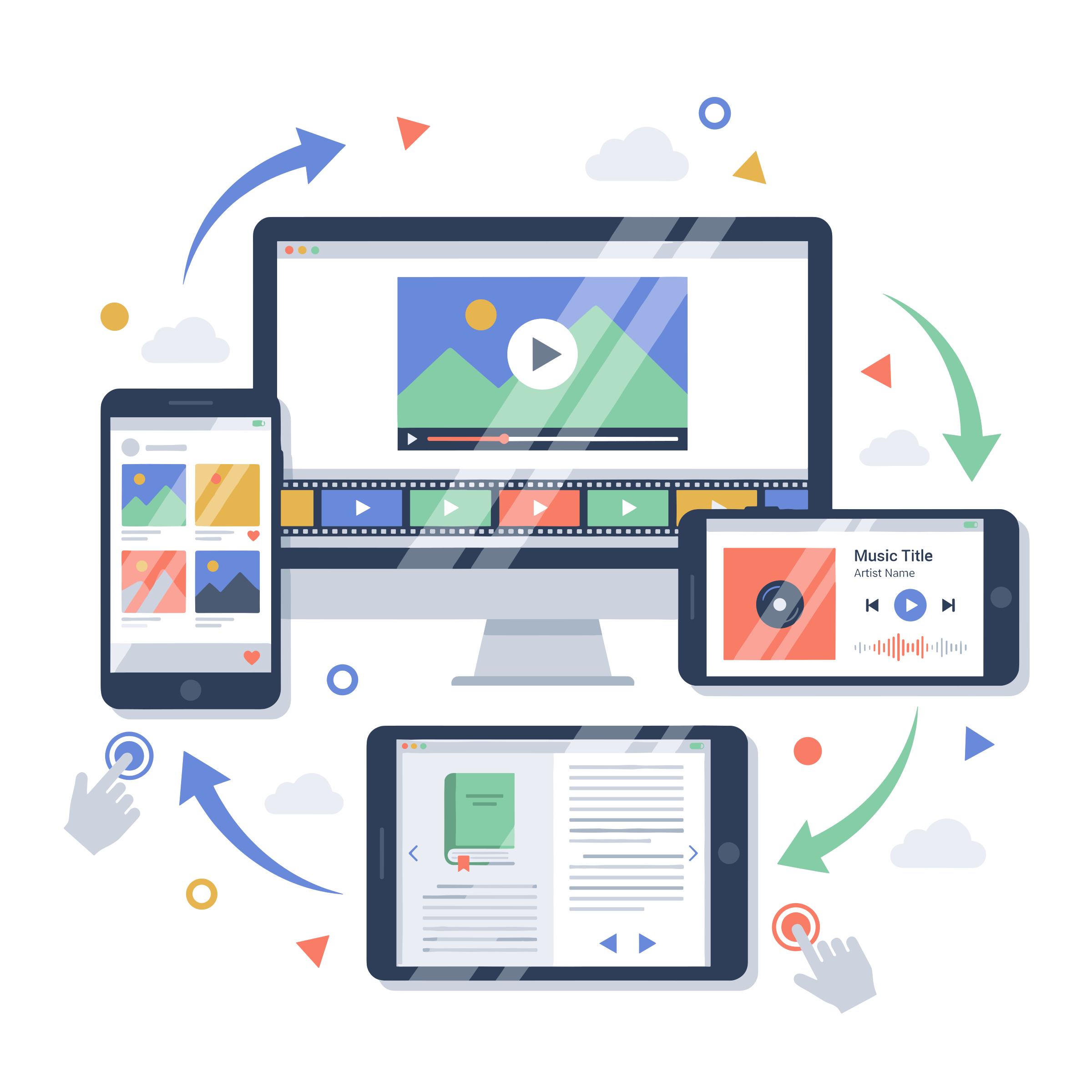 Illustration of a man interacting with an object and a touch table.